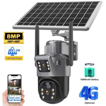 กล้องโซล่าเซลล์ WiFi 4K 8MP พร้อมซิมการ์ด 4G เลนส์คู่ หน้าจอคู่ ระบบรักษาความปลอดภัยกลางแจ้ง PTZ Cam ตรวจจับบุคคลด้วย PIR กล้องวงจรปิด